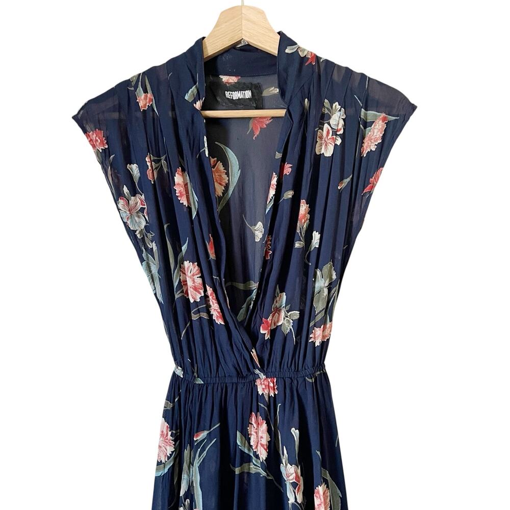 Reformation Navy Floral Midi Dress with Pink & Green Blooms - Picture 5 of 12
